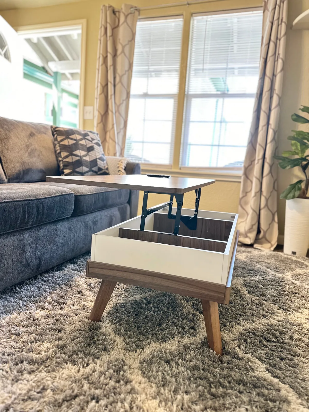 A bright and comfortable living room featuring a plush sofa, coffee table, decorative plants, large windows with curtains, and ample natural light creating an inviting atmosphere. The scene suggests a versatile area suitable for relaxing, entertaining guests, or enjoying a quiet afternoon with a book.